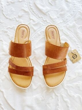 Born Blakely Brown Leather Double-Strap Slide Sandals Size 11 New